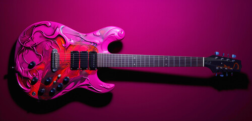 Wall Mural - A surreal and creatively painted guitar against a solid magenta backdrop.
