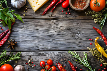 Holzveredelte Genüsse: Ein kunstvoller Rahmen aus Holz umrahmt eine köstliche Auswahl von verschiedenen Käsesorten auf rustikalem Holzhintergrund