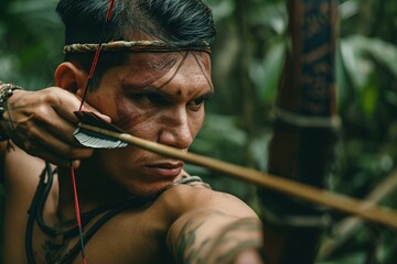 Amazonian man hunting with a bow and arrow in the jungle.