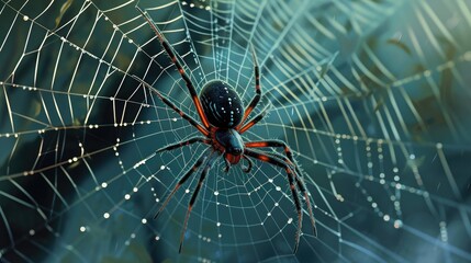 Canvas Print -  a close up of a spider on its web in the middle of a spider web with water droplets on it.