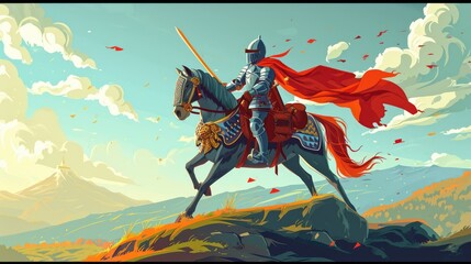 Canvas Print -  a digital painting of a knight on a horse with a red cape and a red cape on it's back.