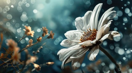 Poster -  a close up of a white flower on a blurry background with drops of water on the petals of the flower.