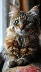 Wall Mural -  a close up of a cat on a couch with a window in the background and a curtain in the foreground.