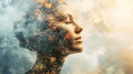 Poster -  a woman's face is surrounded by a cloud of orange and yellow smoke as she looks up into the sky.