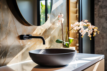 Wall Mural - Close-up of Stone vessel sink with mirror in a modern bathroom, art deco style, natural luxury decoration