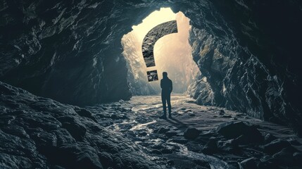 Sticker -  a man standing in the middle of a tunnel with a question mark in the middle of the tunnel and a question mark in the middle of the tunnel.