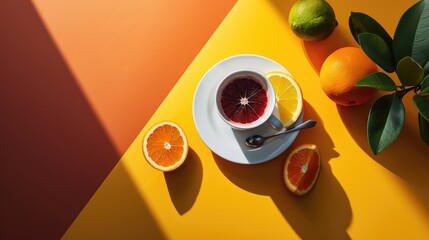 Sticker -  a white plate topped with a cut in half grapefruit next to sliced oranges on a yellow and orange background.