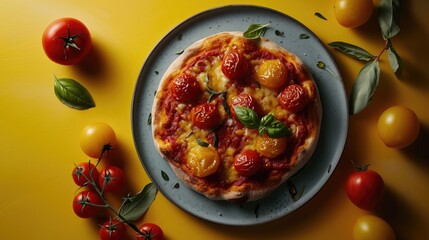 Poster -  a pizza sitting on top of a plate on top of a table next to a bunch of tomatoes and green leaves.