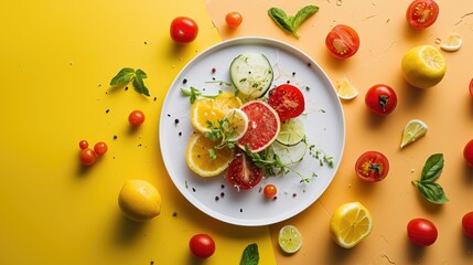 Poster -  a white plate topped with sliced up lemons, tomatoes and cucumber on top of a yellow surface.