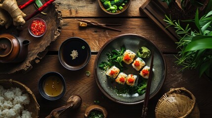 Sticker -  a plate of food sitting on top of a wooden table next to bowls of rice and chopsticks next to a pot of broccoli.