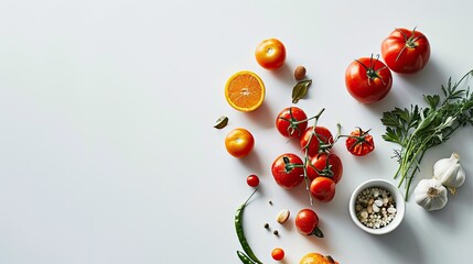 Sticker -  a white table topped with lots of different types of fruits and vegetables next to a bowl of carrots and an orange.