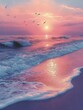Wunderschöner Sonnenuntergang im Stand Meer mit fliegenden Vögeln und Wellen