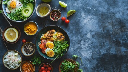 Sticker -  a table topped with bowls of food and a bowl of salad next to a bowl of rice and a bowl of fruit.