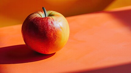 Sticker -  a red apple sitting on top of an orange table next to a yellow wall with a shadow of the apple on it.