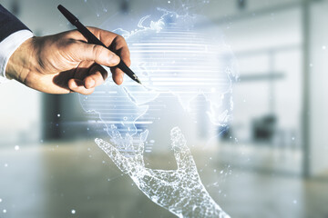 Poster - Double exposure of man hand with pen working with abstract digital world map on blurred office background, research and strategy concept
