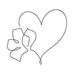 Wall Mural - Hand drawn love heart with flower monoline vector logo one art line illustration. Black outline. Element for Valentine Day banner, spring poster, greeting card