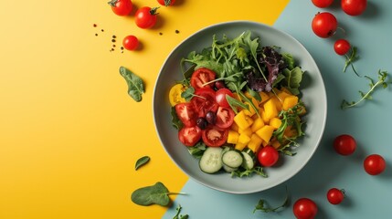 Wall Mural -  a white bowl filled with vegetables on top of a blue and yellow table next to tomatoes and cucumbers.