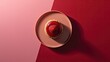  a plate with a dessert on it on a red and pink tablecloth next to a red and pink wall.