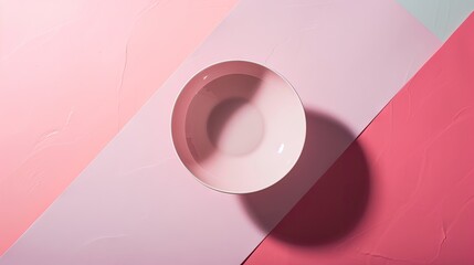 Poster -  a white bowl sitting on top of a pink and pink wall next to a shadow of a person's head.