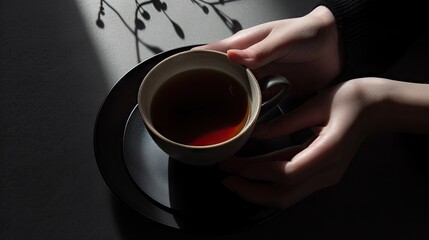 Sticker -  a person holding a cup of tea on top of a black plate with a shadow of a tree on it.