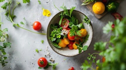 Wall Mural -  a bowl filled with lots of vegetables on top of a table next to oranges and other fruits and vegetables.