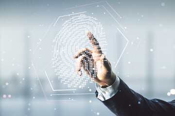 Poster - Multi exposure of developer's hand clicks on virtual graphic fingerprint sketch on blurred office background, fingerprint scan data concept