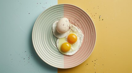 Poster -  two eggs sitting on top of a pink and white plate on a yellow and blue tablecloth next to a yellow and blue wall.