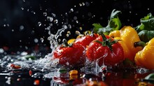  A Group Of Red And Yellow Peppers Splashing In A Puddle Of Water On A Black Surface With A Black Background.