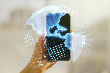 Poster - Double exposure of digital America map and hand with cell phone on background, research and strategy concept