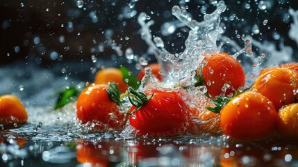 Wall Mural -  a group of oranges with water splashing out of them on a surface with water droplets and green leaves.