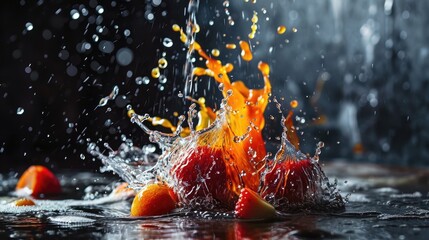 Sticker -  a group of strawberries splashing into a puddle of water on top of a black surface with drops of water on the surface.