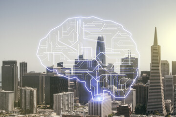 Poster - Double exposure of creative artificial Intelligence interface on San Francisco city skyscrapers background. Neural networks and machine learning concept