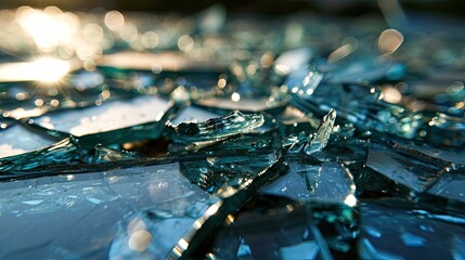 Wall Mural -  a bunch of broken glass pieces sitting on top of a glass table top with the sun shining in the background.