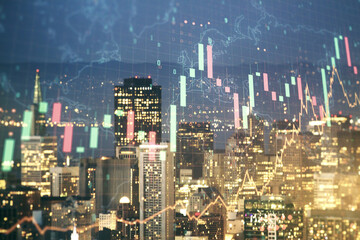 Poster - Multi exposure of virtual abstract financial graph hologram and world map on San Francisco cityscape background, financial and trading concept