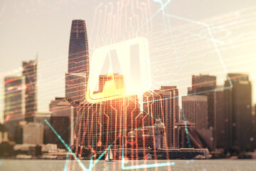Fototapete - Double exposure of creative artificial Intelligence icon on San Francisco city skyscrapers background. Neural networks and machine learning concept