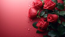 Red Roses With Water Drops On Red Background. Valentines Day Concept.
