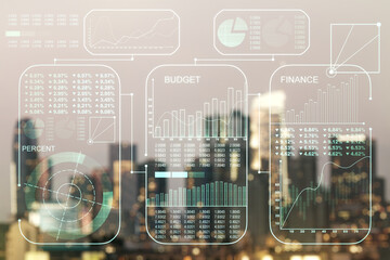 Poster - Abstract virtual analytics data spreadsheet on blurry skyscrapers background, analytics and analysis concept. Multiexposure