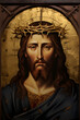 Byzantine Greek Slavic Orthodox icon of sad Jesus Christ with a crown of thorns. Authentic Eastern painting art of Jesus Christ, son of God with a crown of thorns.