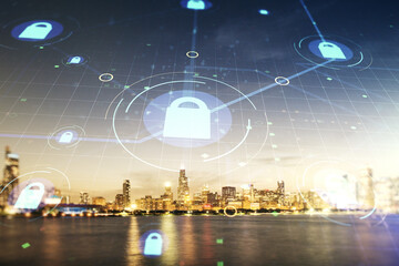 Poster - Virtual creative lock sketch with chip hologram on Chicago office buildings background, protection of personal data concept. Multiexposure