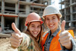 Zwei junge Frau mit Daumen nach oben auf einer Baustelle