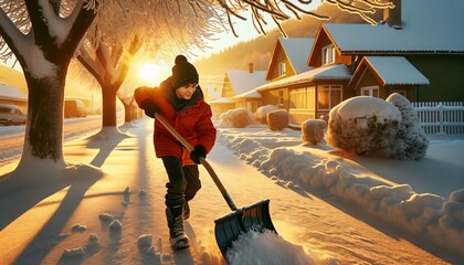 Portrait of a teenager shoveling snow on a suburban street in winter