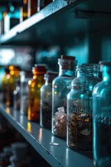 Poster - Glass jars neatly arranged on a shelf. Ideal for storage and organization purposes