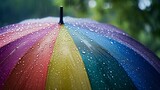 Fototapeta Tęcza - Close-Up of Raindrops on rainbow Umbrella.