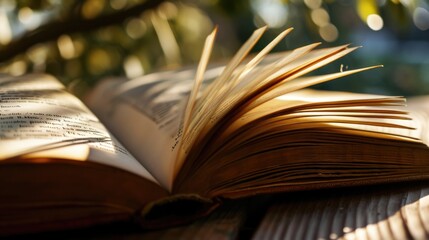 Poster - An open book placed on a wooden table. Perfect for educational or literary concepts