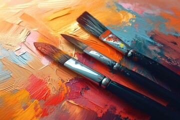 Aufkleber - Paint brushes laid out on a painting board. Suitable for art-related projects and design inspiration