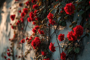 Poster - Red roses growing on a wall, perfect for adding a touch of natural beauty to any space