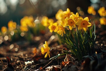 Poster - A bunch of yellow flowers in the dirt. Perfect for nature-themed designs