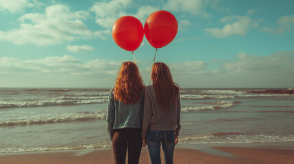 Two girls with red hairs, casual clothes and hold hands are standing near the sea with two red balloons and are watching at the sea. S. Valentines day concept.  Selective focus. Generated with AI 