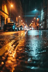 Poster - A wet street at night with cars parked on the side of the road. Suitable for various urban or rainy cityscape concepts