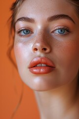 Poster - A close-up view of a woman's face with freckles. This image can be used to showcase natural beauty or as a representation of diversity
